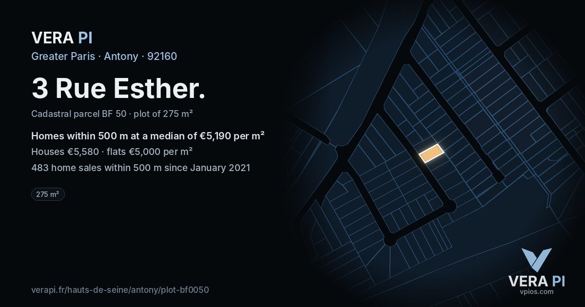 3 Rue Esther, Antony at night – the plot lit, the parcels around coloured by the prices near them