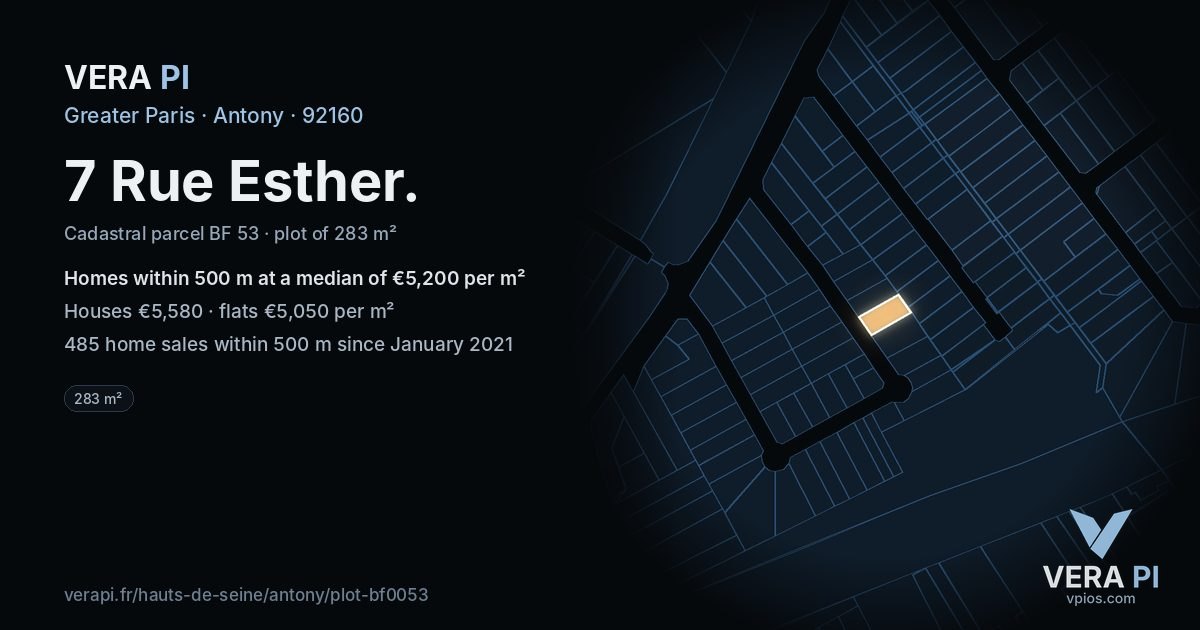 7 Rue Esther, Antony at night – the plot lit, the parcels around coloured by the prices near them