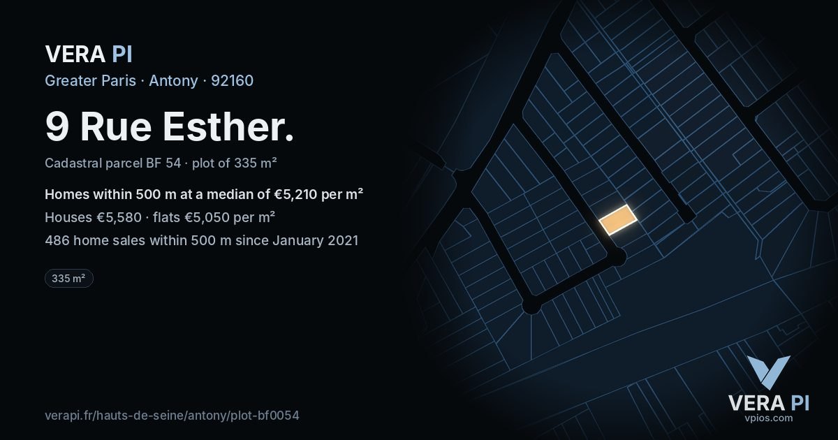 9 Rue Esther, Antony at night – the plot lit, the parcels around coloured by the prices near them