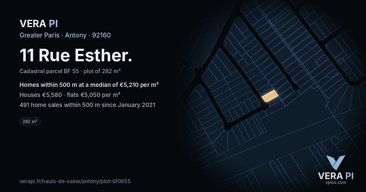 11 Rue Esther, Antony at night – the plot lit, the parcels around coloured by the prices near them
