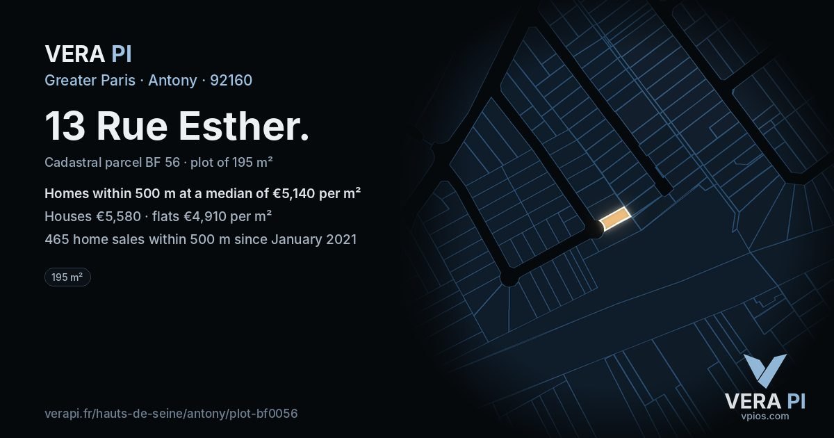 13 Rue Esther, Antony at night – the plot lit, the parcels around coloured by the prices near them