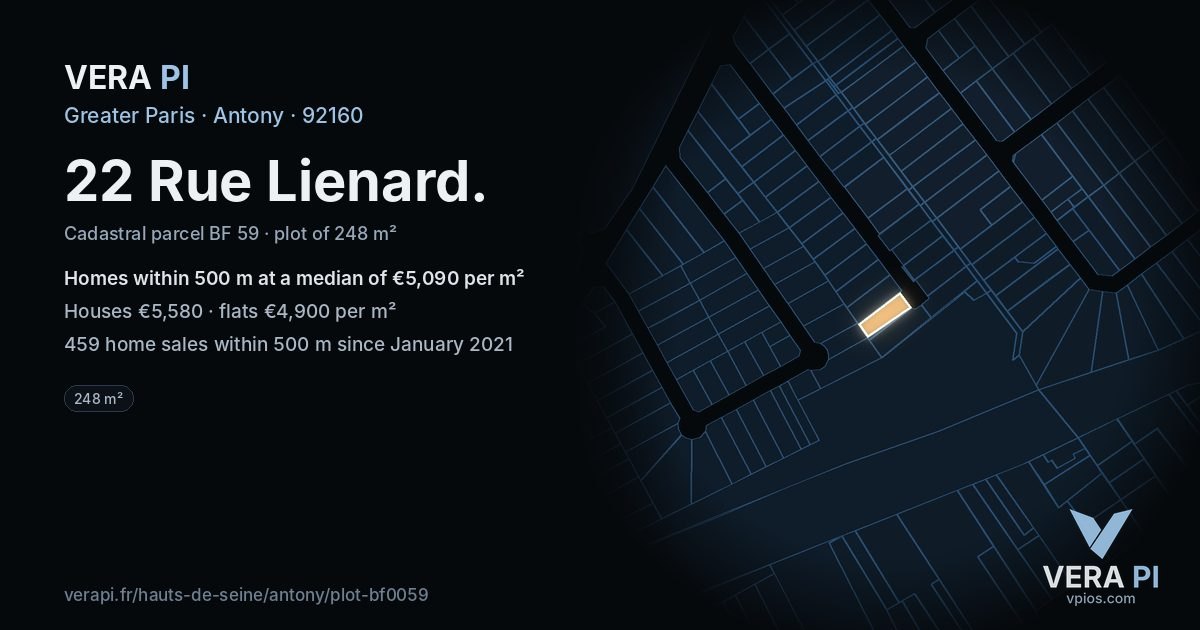 22 Rue Lienard, Antony at night – the plot lit, the parcels around coloured by the prices near them