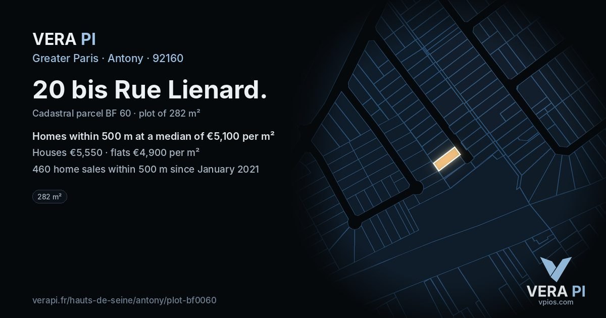 20 bis Rue Lienard, Antony at night – the plot lit, the parcels around coloured by the prices near them