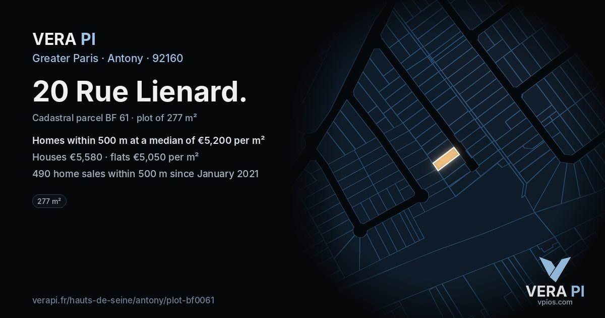 20 Rue Lienard, Antony at night – the plot lit, the parcels around coloured by the prices near them