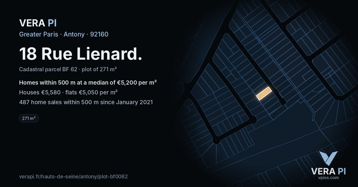 18 Rue Lienard, Antony at night – the plot lit, the parcels around coloured by the prices near them