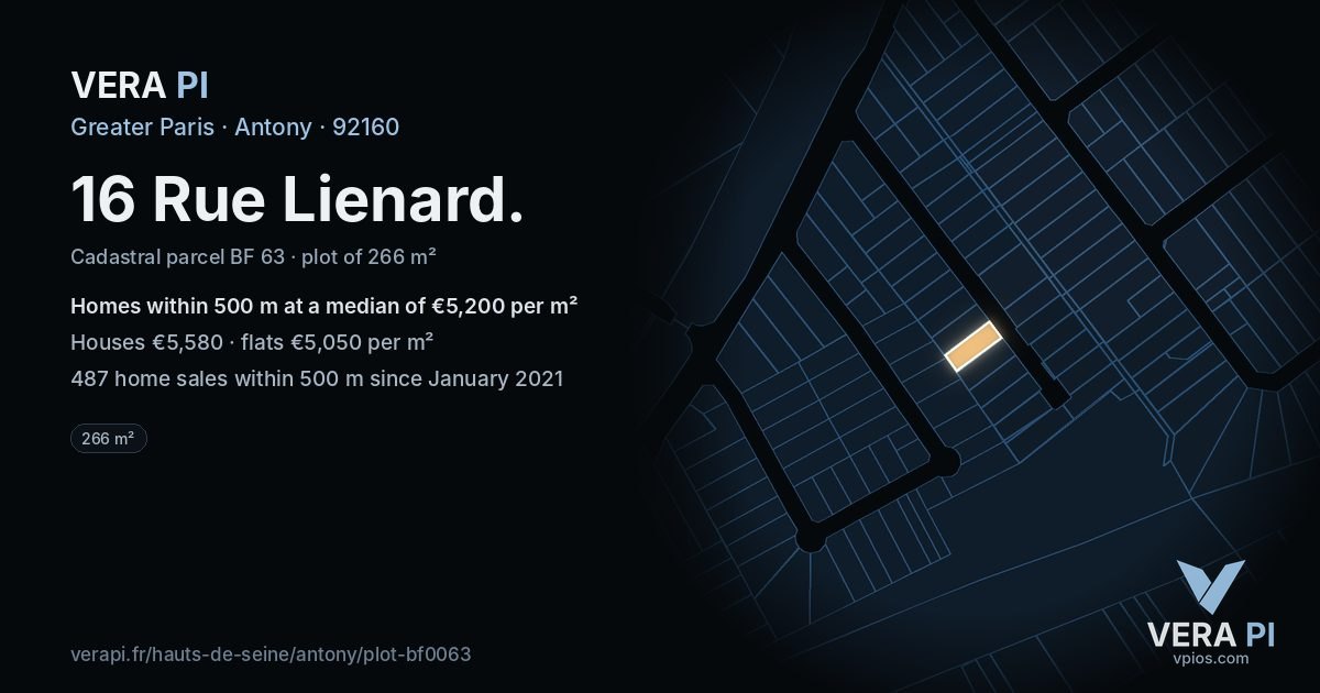 16 Rue Lienard, Antony at night – the plot lit, the parcels around coloured by the prices near them