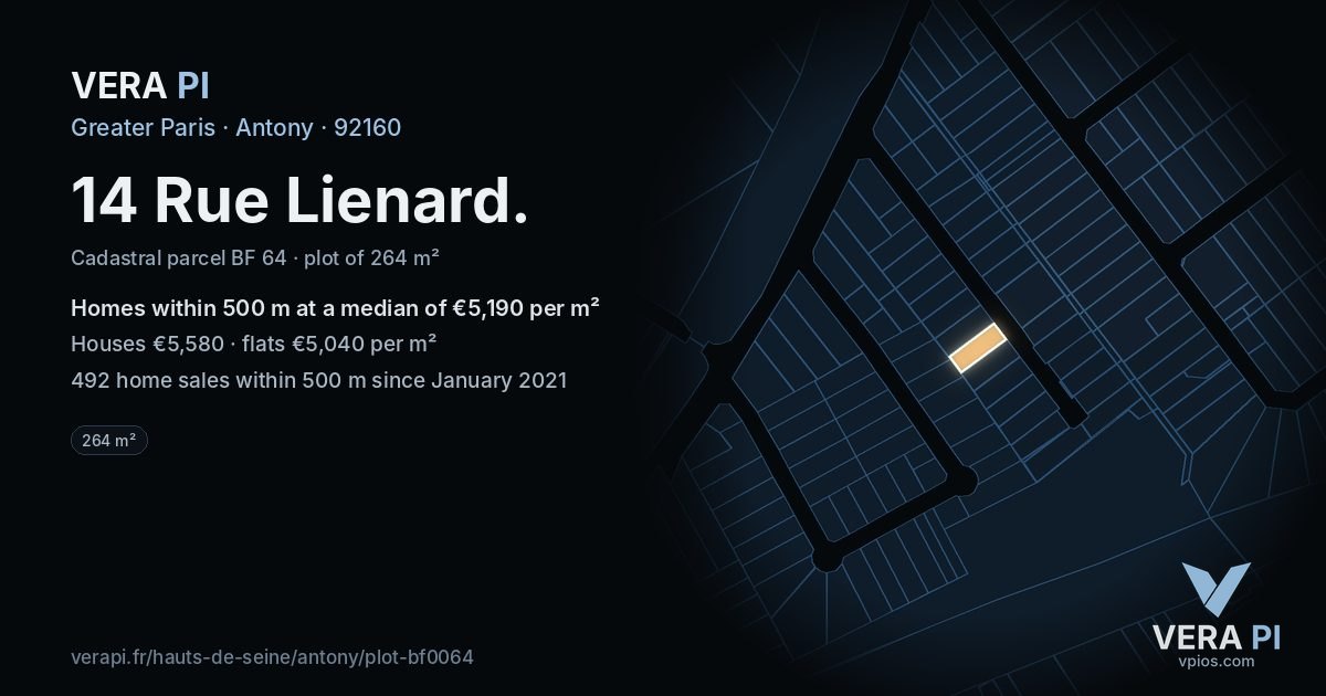 14 Rue Lienard, Antony at night – the plot lit, the parcels around coloured by the prices near them