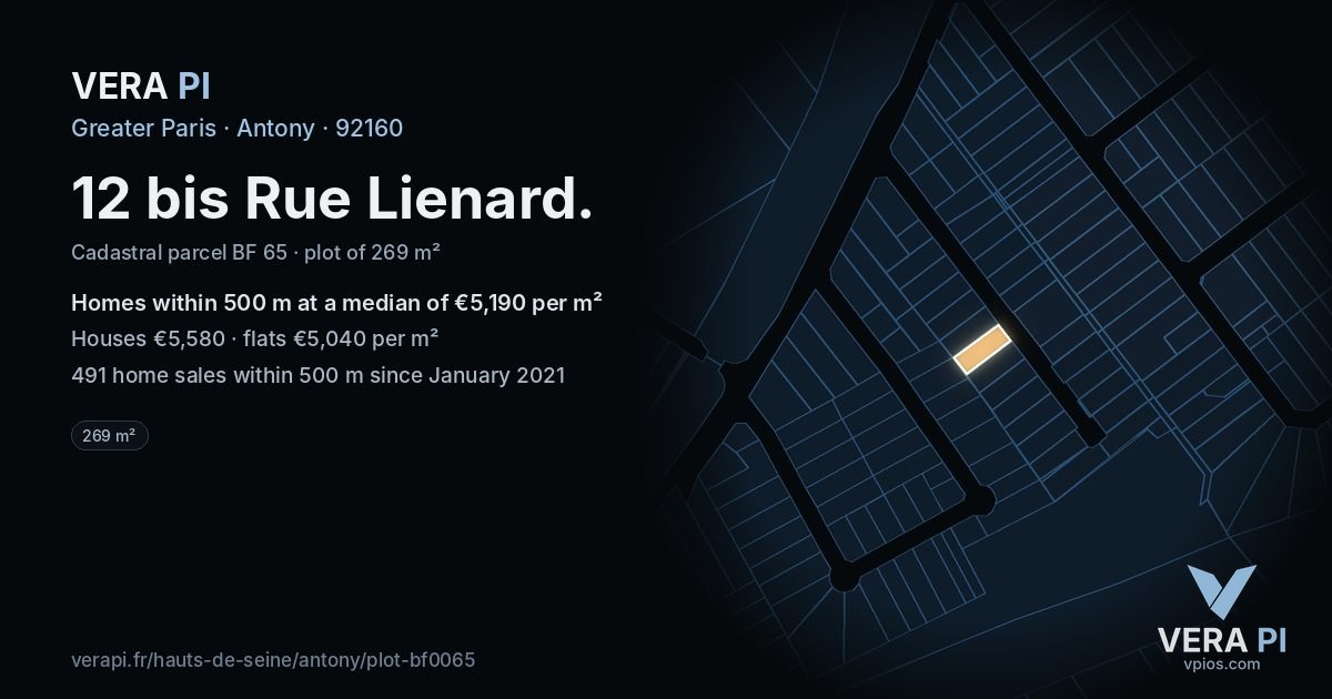12 bis Rue Lienard, Antony at night – the plot lit, the parcels around coloured by the prices near them