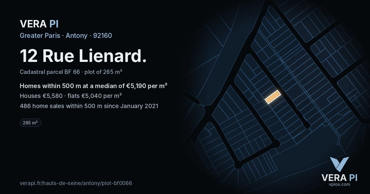 12 Rue Lienard, Antony at night – the plot lit, the parcels around coloured by the prices near them