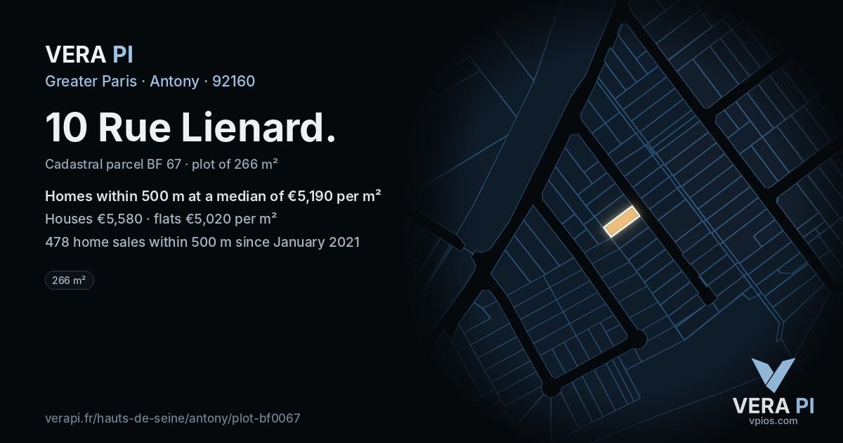 10 Rue Lienard, Antony at night – the plot lit, the parcels around coloured by the prices near them