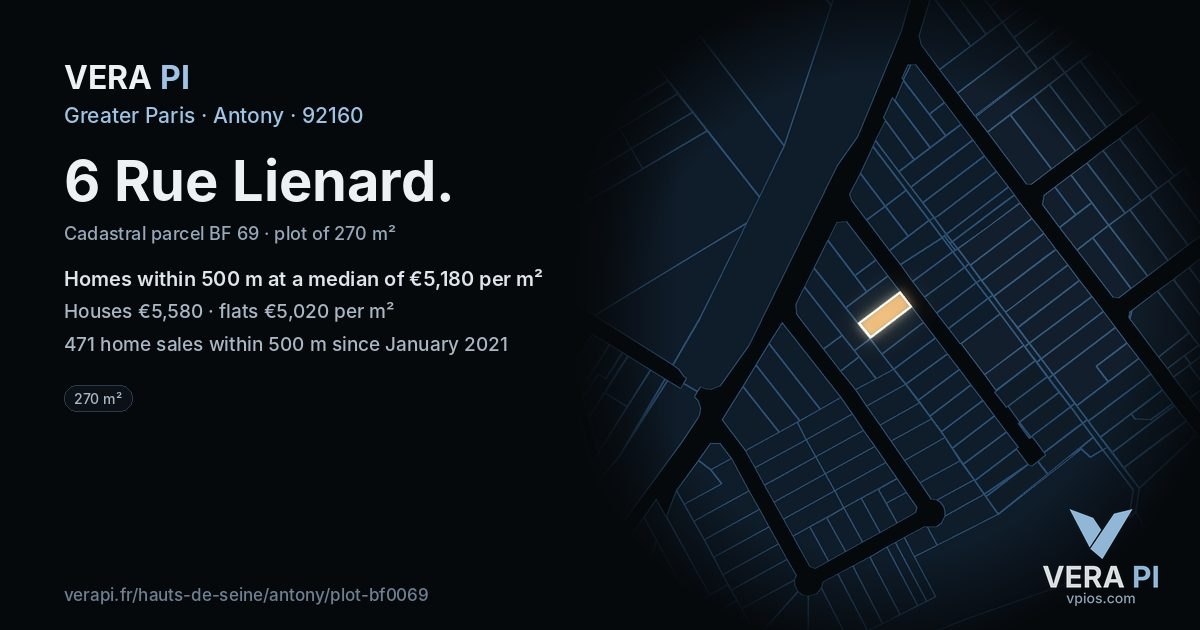 6 Rue Lienard, Antony at night – the plot lit, the parcels around coloured by the prices near them