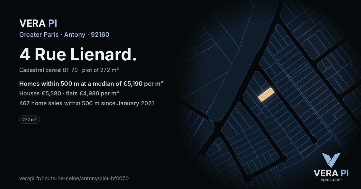 4 Rue Lienard, Antony at night – the plot lit, the parcels around coloured by the prices near them
