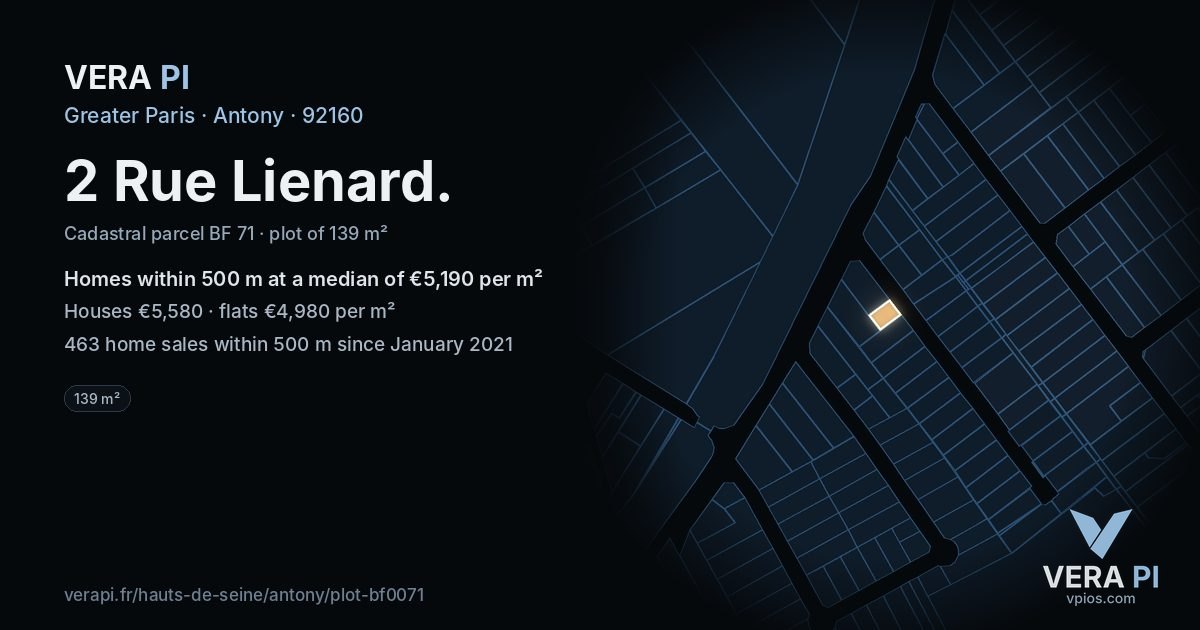 2 Rue Lienard, Antony at night – the plot lit, the parcels around coloured by the prices near them