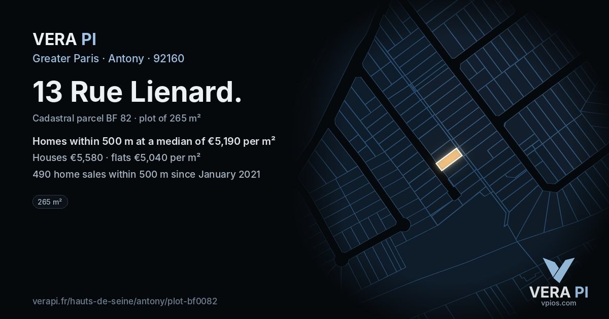 13 Rue Lienard, Antony at night – the plot lit, the parcels around coloured by the prices near them