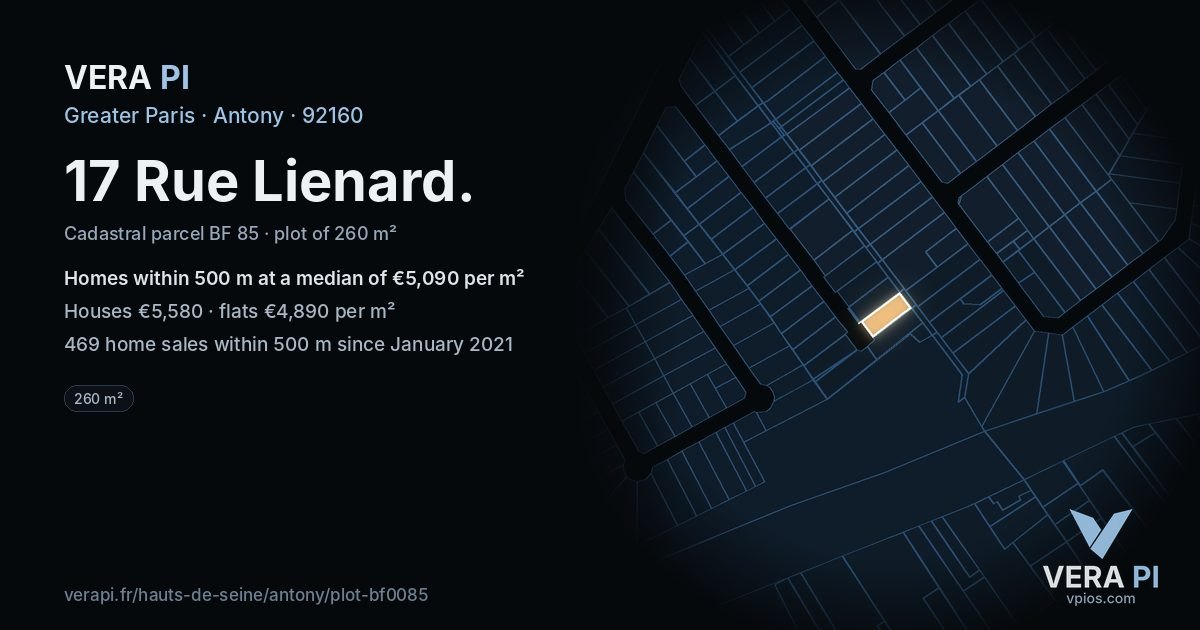 17 Rue Lienard, Antony at night – the plot lit, the parcels around coloured by the prices near them