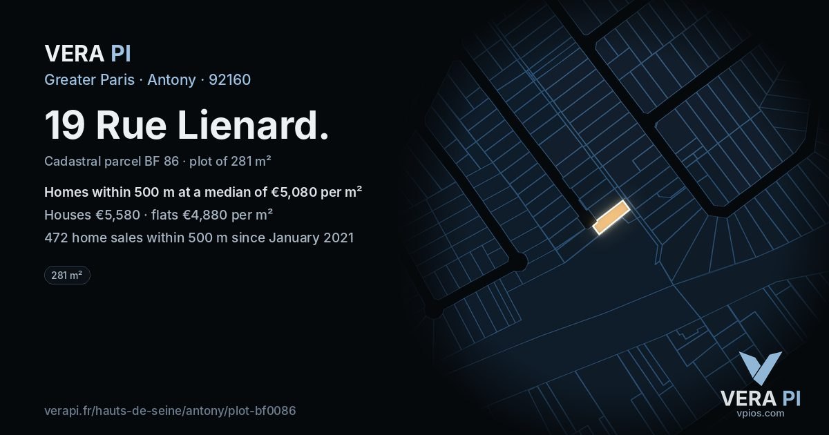 19 Rue Lienard, Antony at night – the plot lit, the parcels around coloured by the prices near them