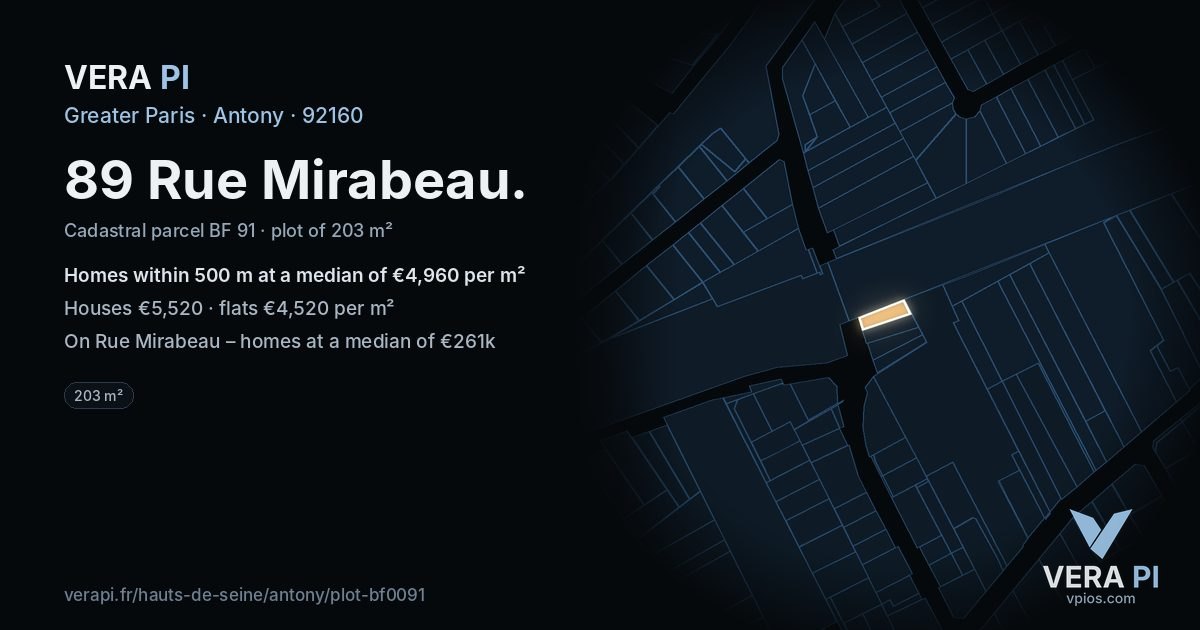 89 Rue Mirabeau, Antony at night – the plot lit, the parcels around coloured by the prices near them