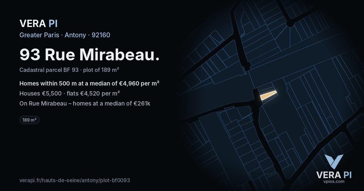 93 Rue Mirabeau, Antony at night – the plot lit, the parcels around coloured by the prices near them