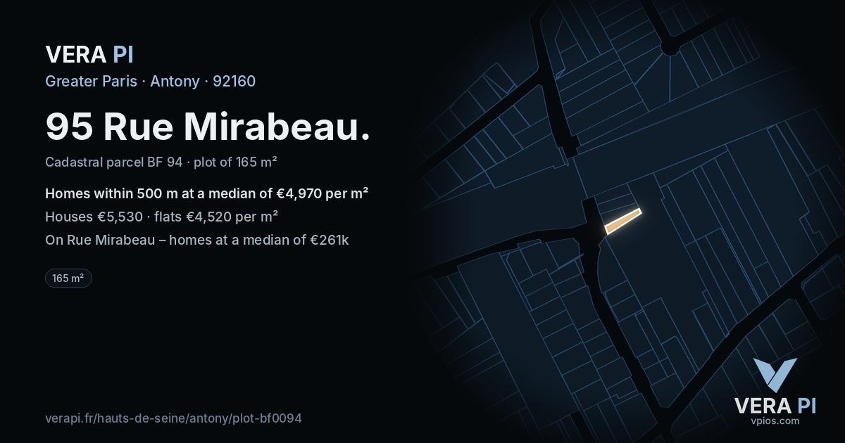 95 Rue Mirabeau, Antony at night – the plot lit, the parcels around coloured by the prices near them