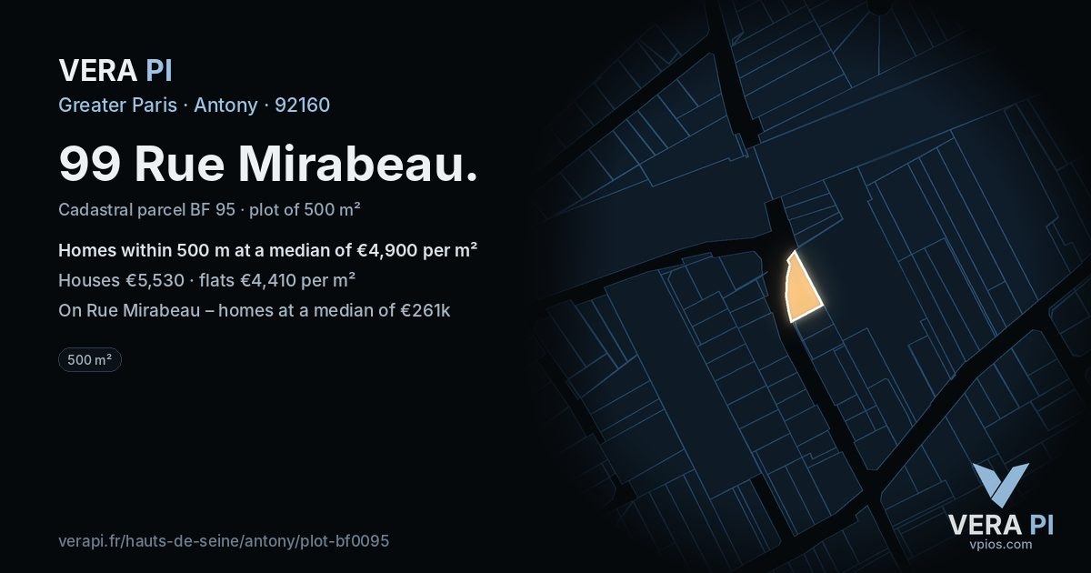 99 Rue Mirabeau, Antony at night – the plot lit, the parcels around coloured by the prices near them