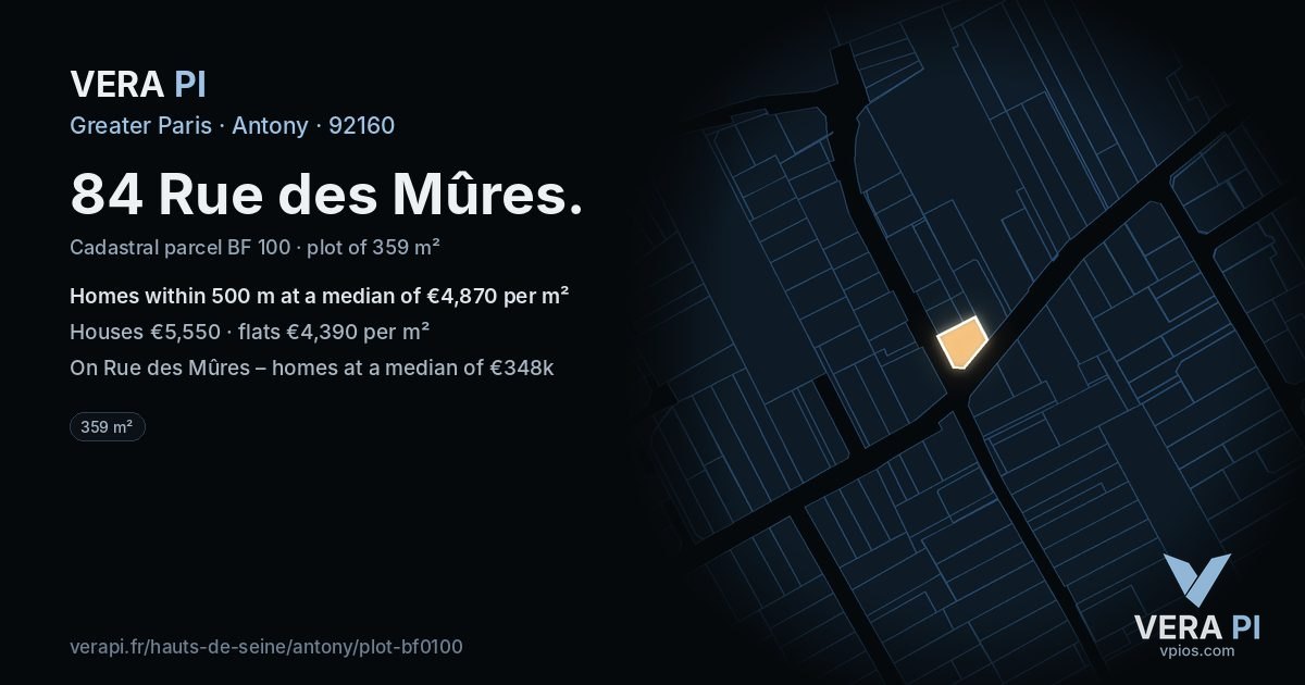 84 Rue des Mûres, Antony at night – the plot lit, the parcels around coloured by the prices near them