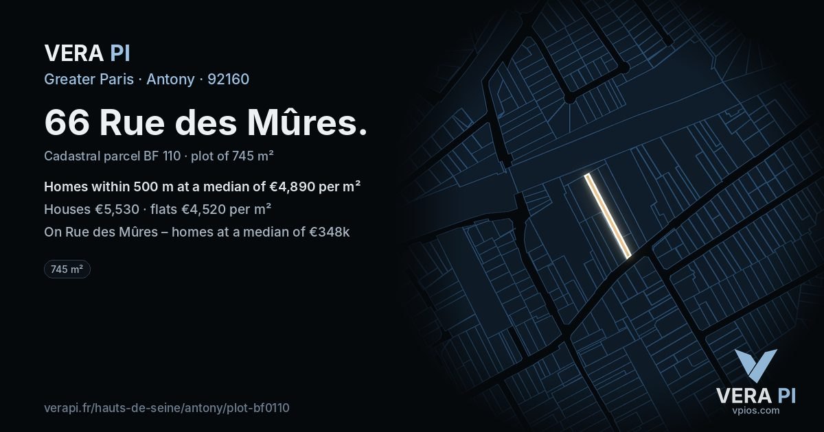 66 Rue des Mûres, Antony at night – the plot lit, the parcels around coloured by the prices near them