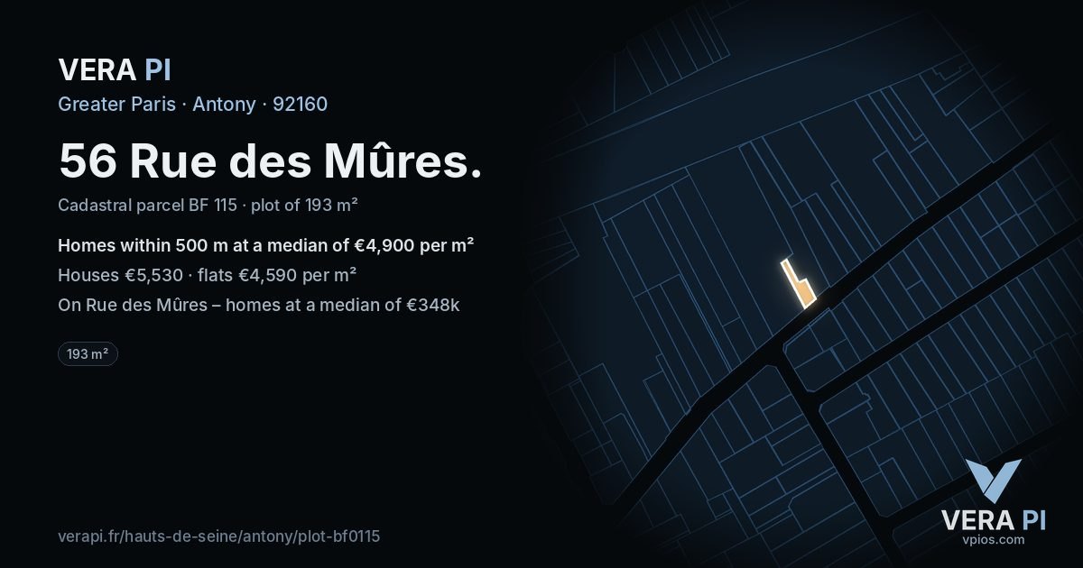 56 Rue des Mûres, Antony at night – the plot lit, the parcels around coloured by the prices near them