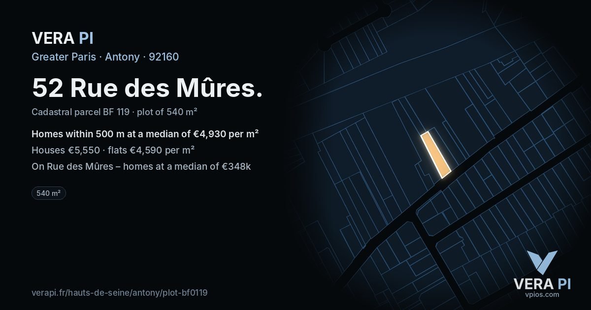 52 Rue des Mûres, Antony at night – the plot lit, the parcels around coloured by the prices near them