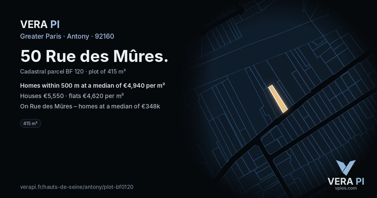 50 Rue des Mûres, Antony at night – the plot lit, the parcels around coloured by the prices near them