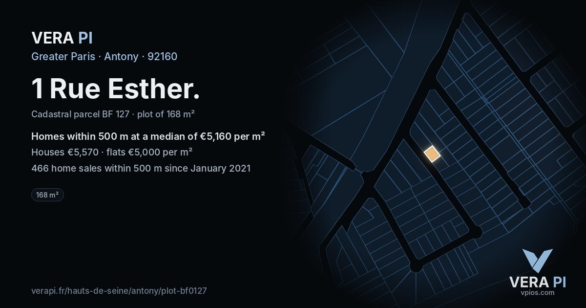 1 Rue Esther, Antony at night – the plot lit, the parcels around coloured by the prices near them