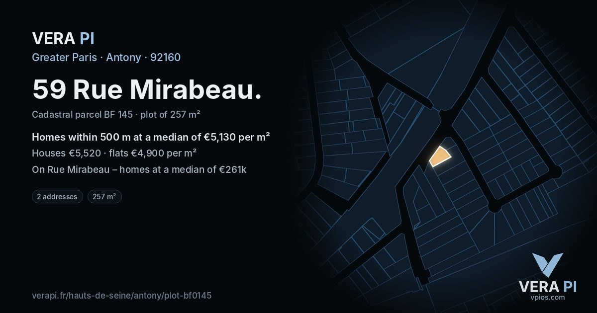 59 Rue Mirabeau, Antony at night – the plot lit, the parcels around coloured by the prices near them