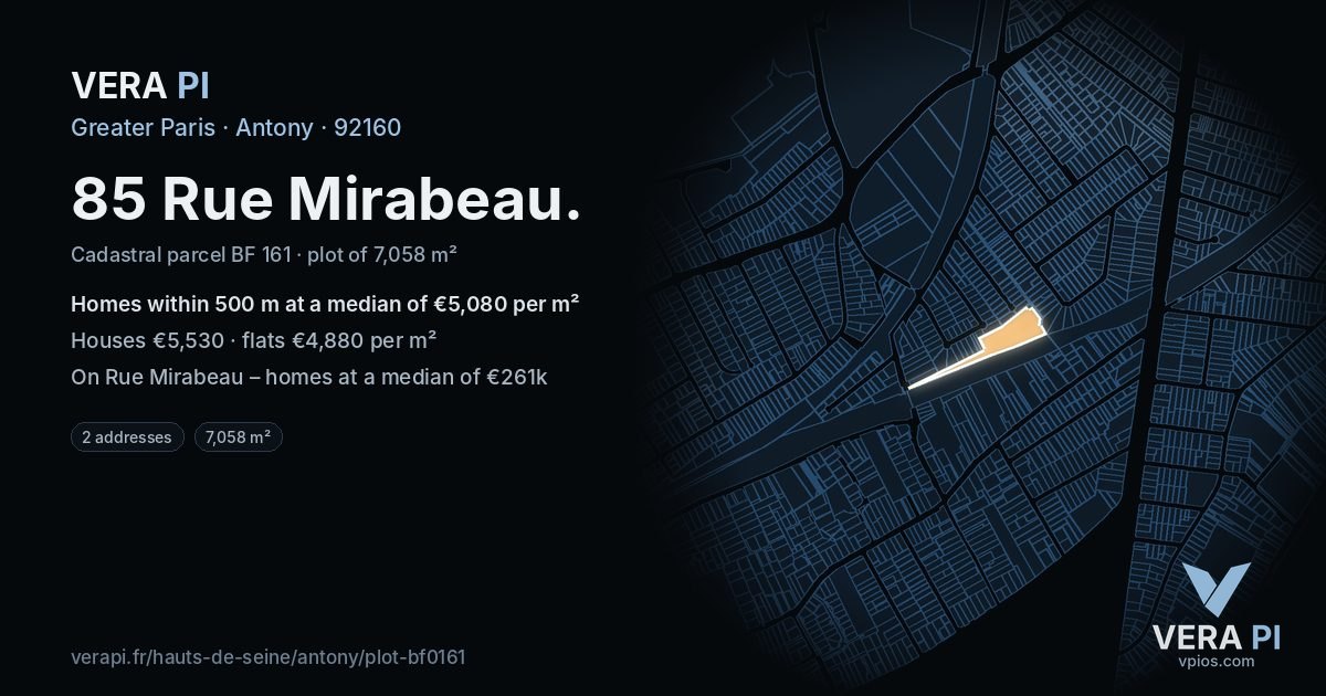 85 Rue Mirabeau, Antony at night – the plot lit, the parcels around coloured by the prices near them