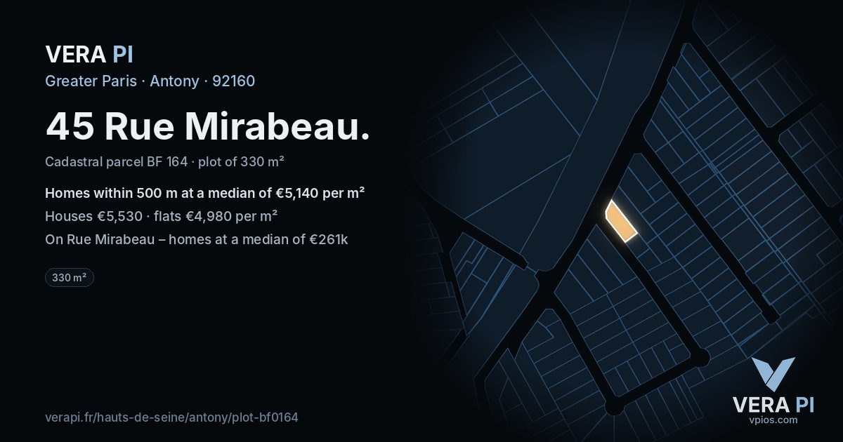 45 Rue Mirabeau, Antony at night – the plot lit, the parcels around coloured by the prices near them