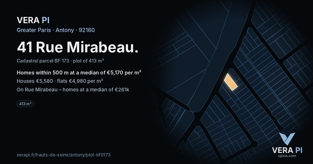 41 Rue Mirabeau, Antony at night – the plot lit, the parcels around coloured by the prices near them