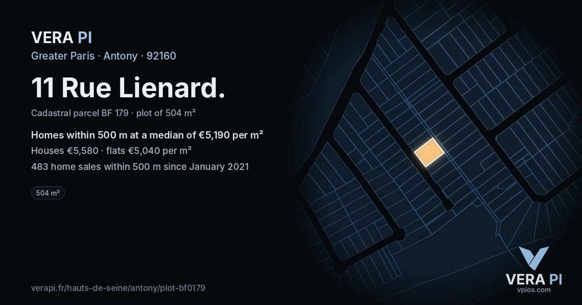 11 Rue Lienard, Antony at night – the plot lit, the parcels around coloured by the prices near them