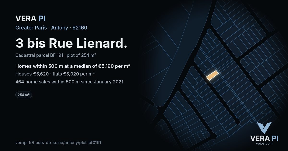 3 bis Rue Lienard, Antony at night – the plot lit, the parcels around coloured by the prices near them