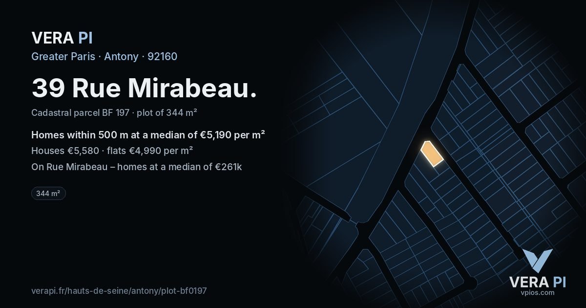 39 Rue Mirabeau, Antony at night – the plot lit, the parcels around coloured by the prices near them