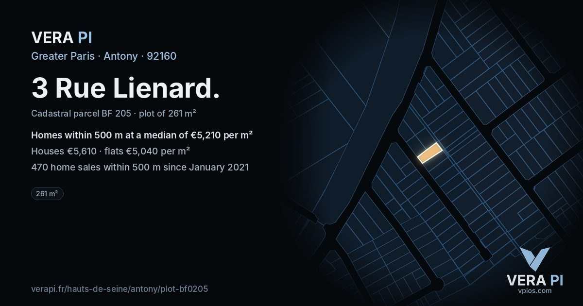 3 Rue Lienard, Antony at night – the plot lit, the parcels around coloured by the prices near them