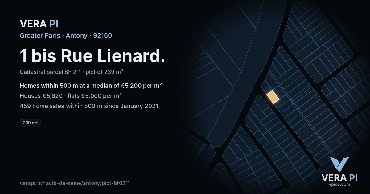 1 bis Rue Lienard, Antony at night – the plot lit, the parcels around coloured by the prices near them