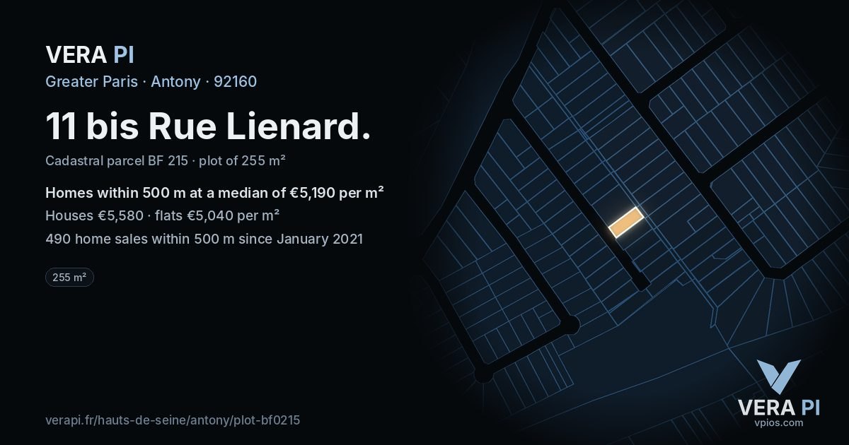 11 bis Rue Lienard, Antony at night – the plot lit, the parcels around coloured by the prices near them
