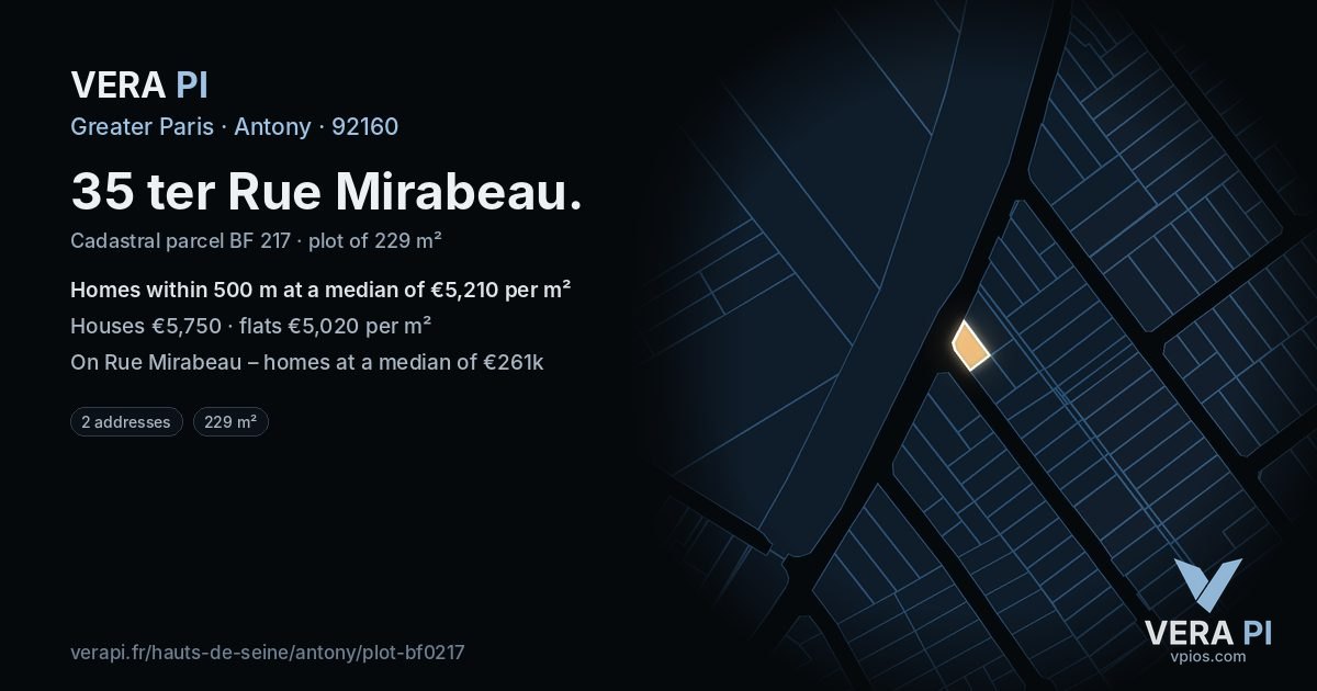 35 ter Rue Mirabeau, Antony at night – the plot lit, the parcels around coloured by the prices near them