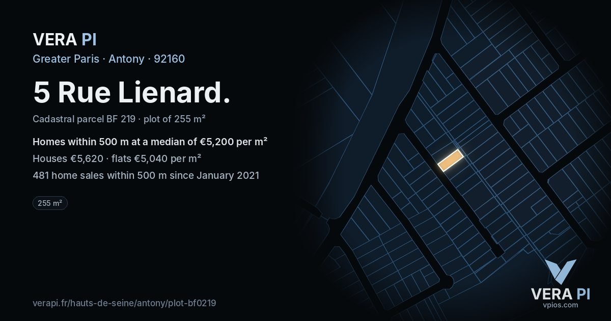 5 Rue Lienard, Antony at night – the plot lit, the parcels around coloured by the prices near them