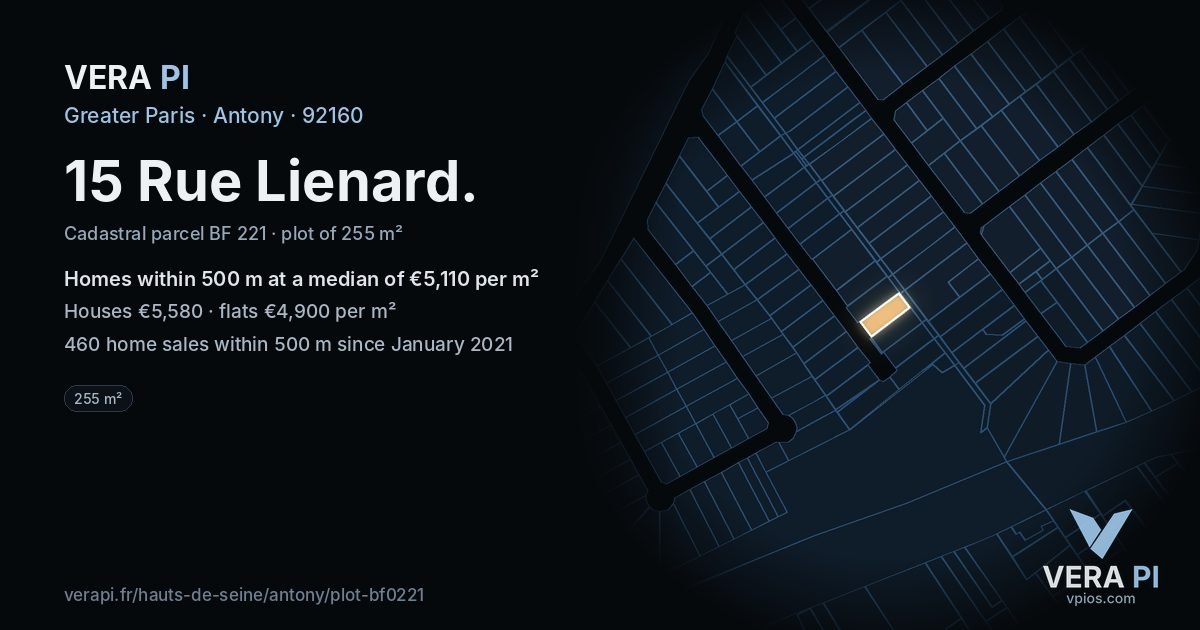 15 Rue Lienard, Antony at night – the plot lit, the parcels around coloured by the prices near them