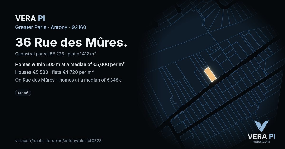 36 Rue des Mûres, Antony at night – the plot lit, the parcels around coloured by the prices near them
