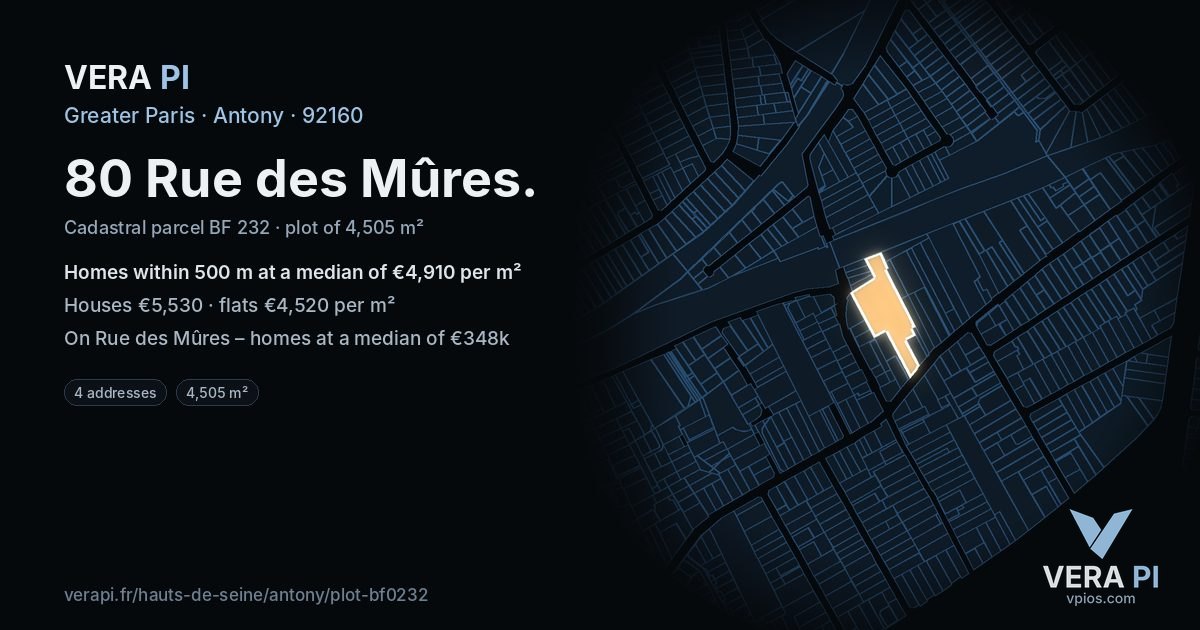 80 Rue des Mûres, Antony at night – the plot lit, the parcels around coloured by the prices near them