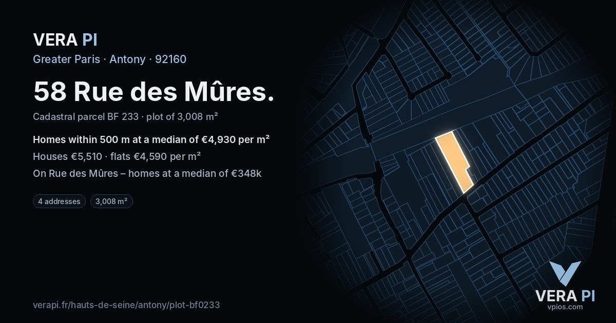 58 Rue des Mûres, Antony at night – the plot lit, the parcels around coloured by the prices near them