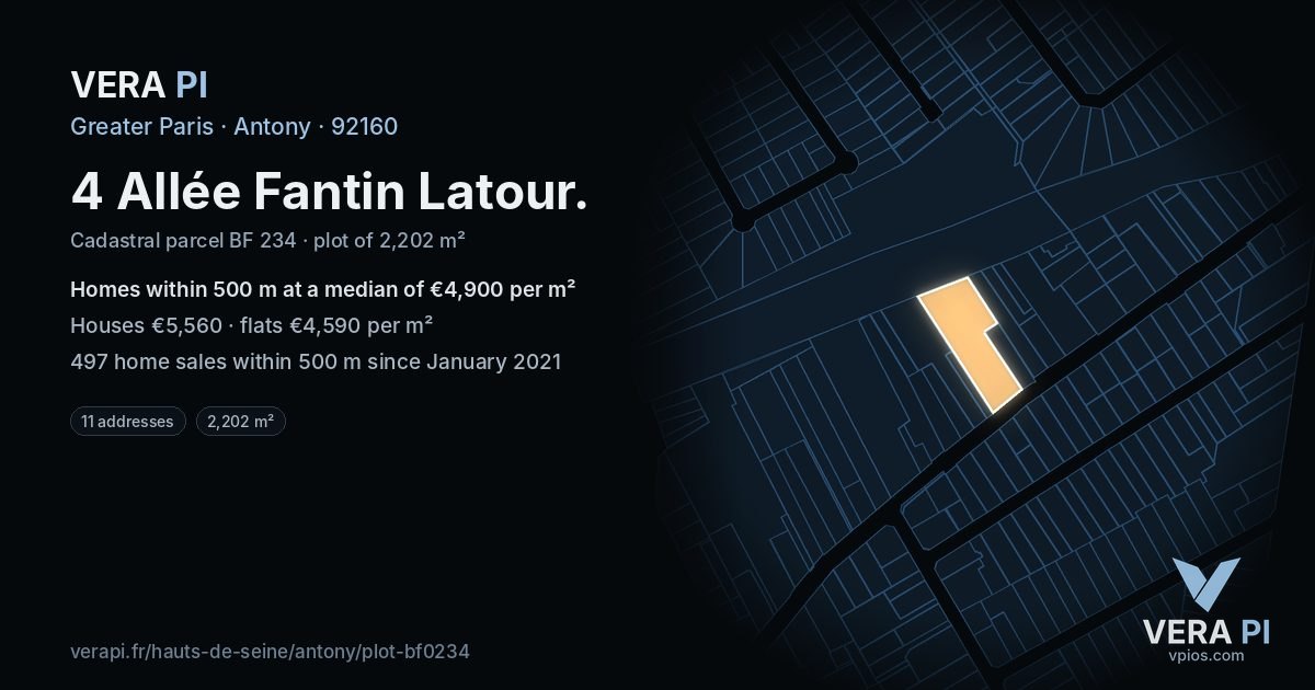 4 Allée Fantin Latour, Antony at night – the plot lit, the parcels around coloured by the prices near them