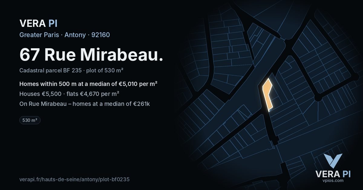 67 Rue Mirabeau, Antony at night – the plot lit, the parcels around coloured by the prices near them