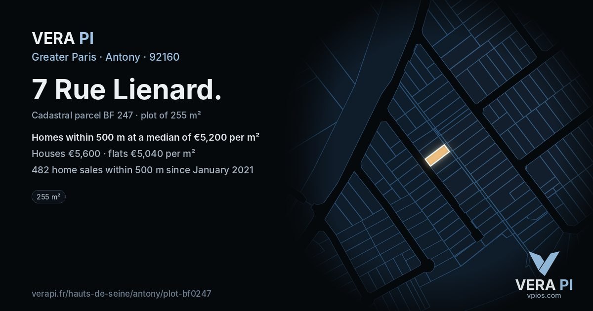 7 Rue Lienard, Antony at night – the plot lit, the parcels around coloured by the prices near them
