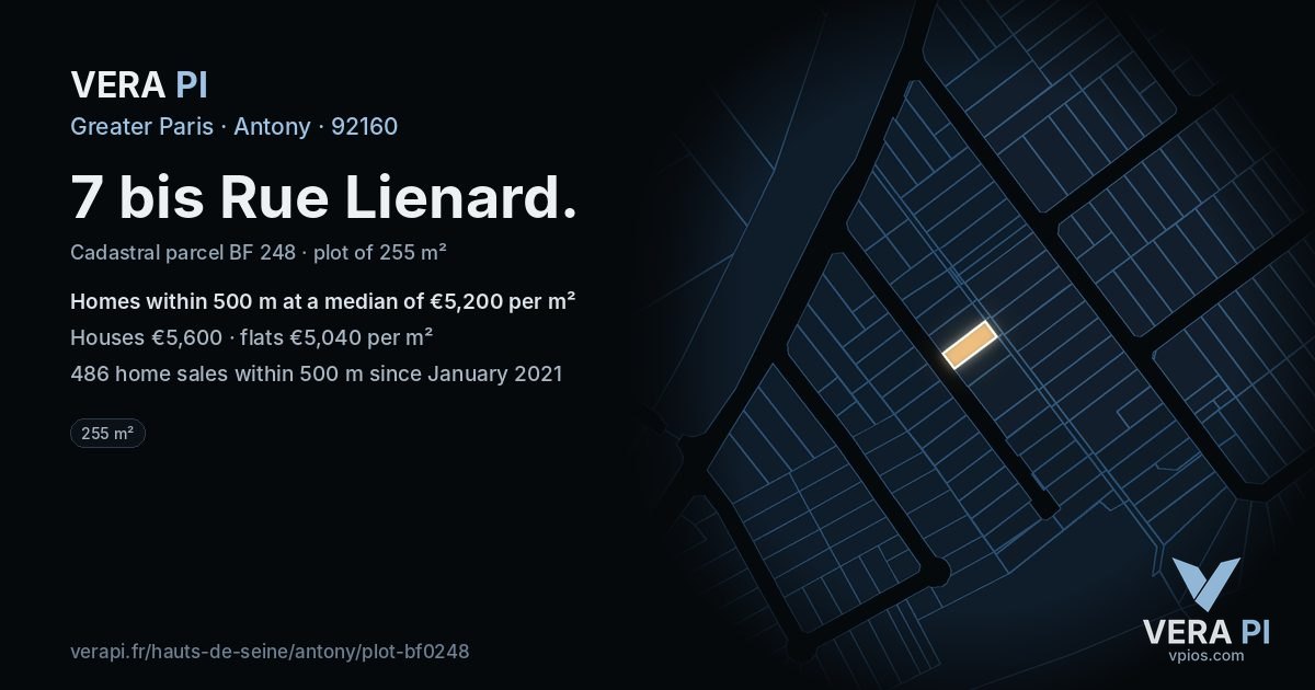 7 bis Rue Lienard, Antony at night – the plot lit, the parcels around coloured by the prices near them
